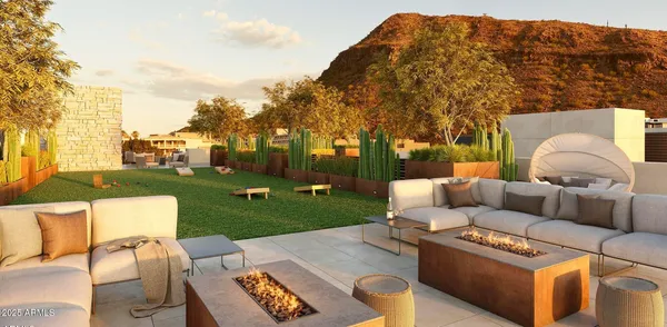 a view of a yard with furniture