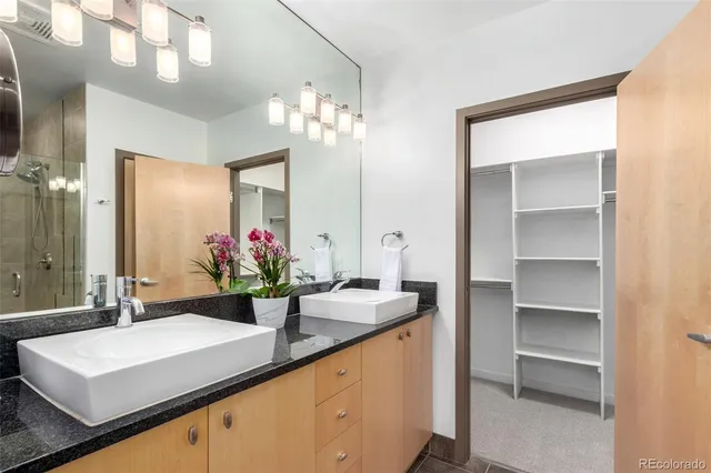 a bathroom with a sink a large mirror and a shower