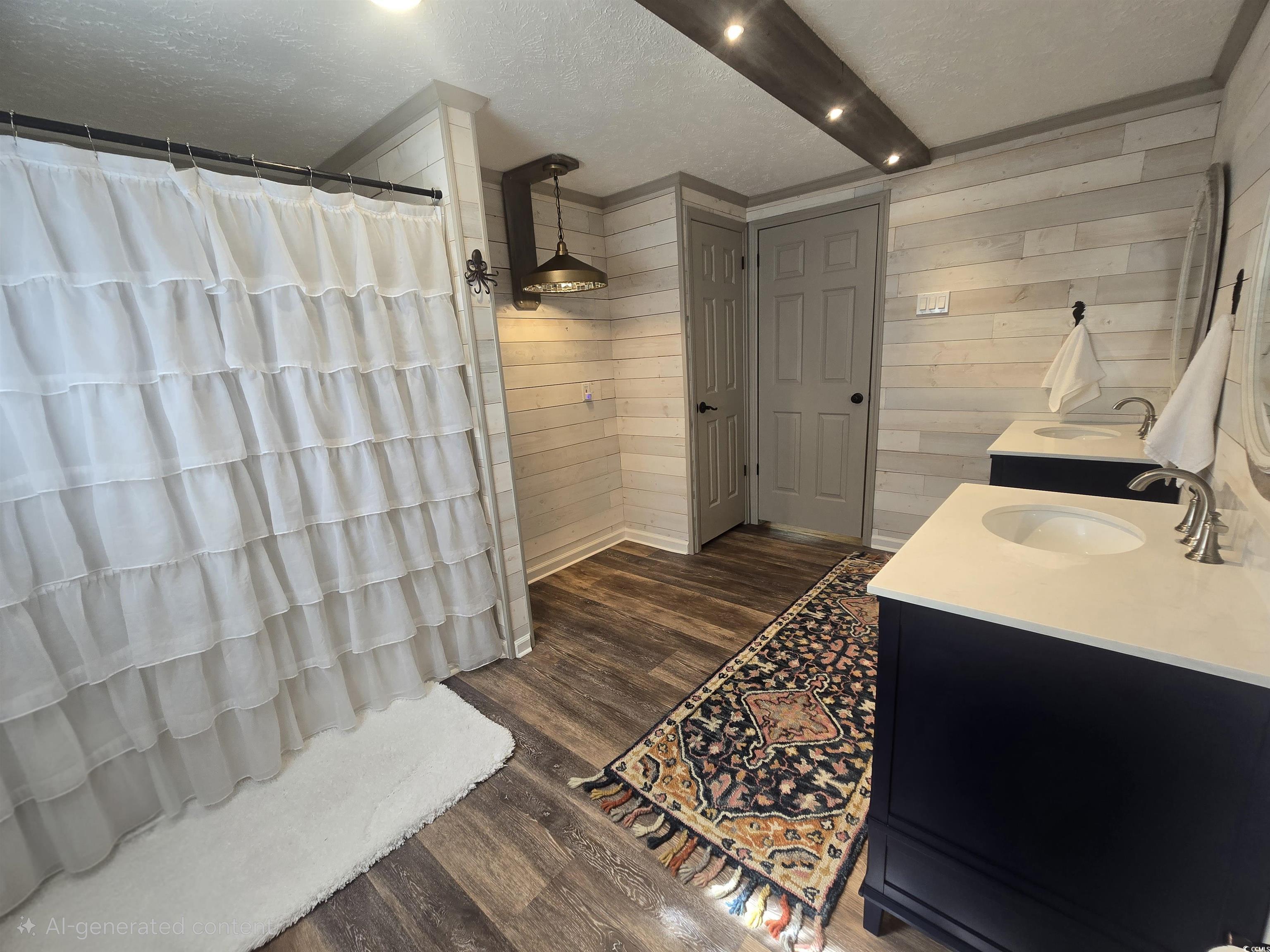 359 Lagoon Circle Murrells Inlet, SC 29576 - Photo 34 of 39 Full bath featuring a textured ceiling, dark wood-style floors, two vanities, wood walls, and a shower with curtain
