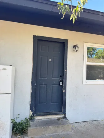a potted plant sitting in front of a door