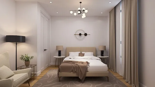 a bedroom with a bed chandelier and a window