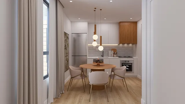 a kitchen with a table and chairs in it