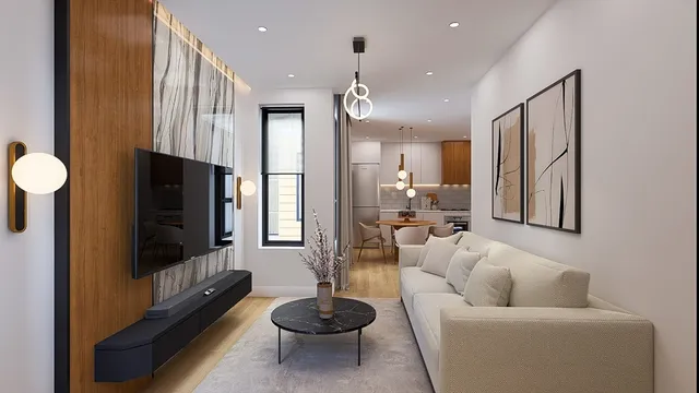 a living room with furniture a flat screen tv and a large window