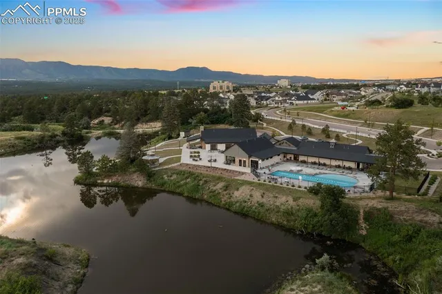 a view of a lake in middle of the town