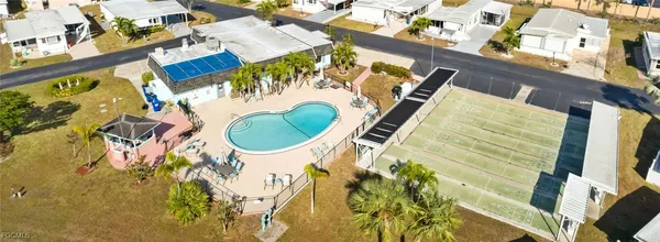 an aerial view of a swimming pool