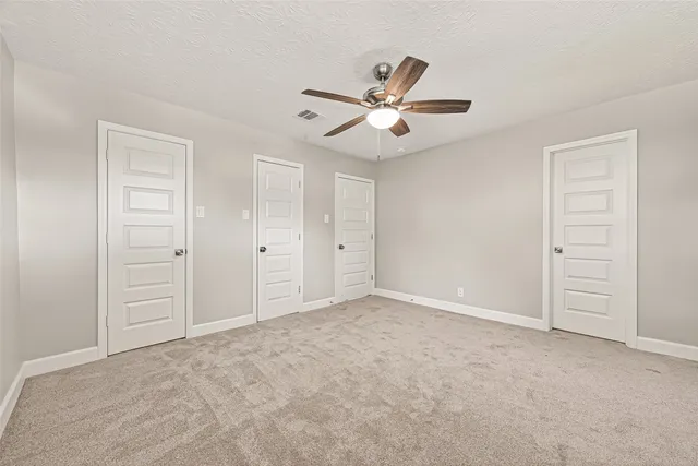 a view of a yard with plants and large trees