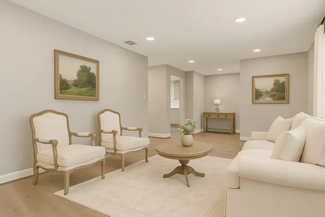 a kitchen with stainless steel appliances granite countertop white cabinets a sink a stove a refrigerator and a microwave