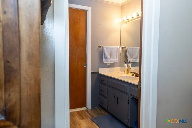 a bathroom with a sink and a mirror
