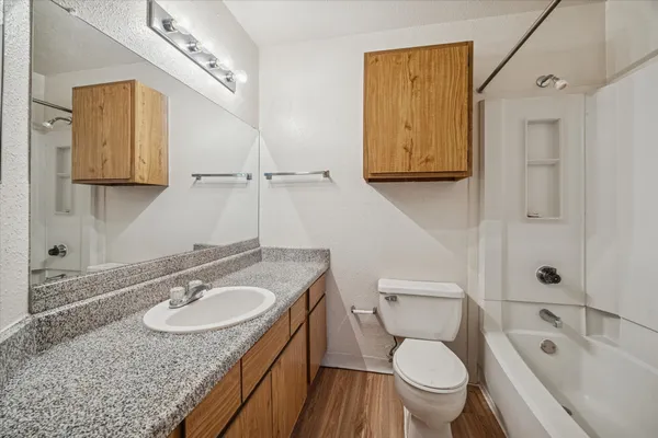 a bathroom with a granite countertop toilet sink and mirror