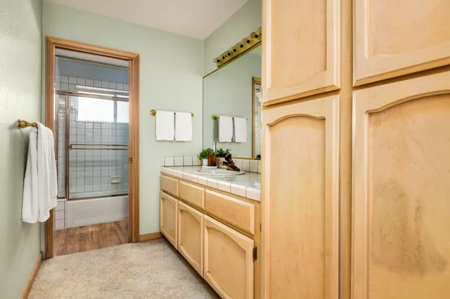 a bathroom with a shower and a sink