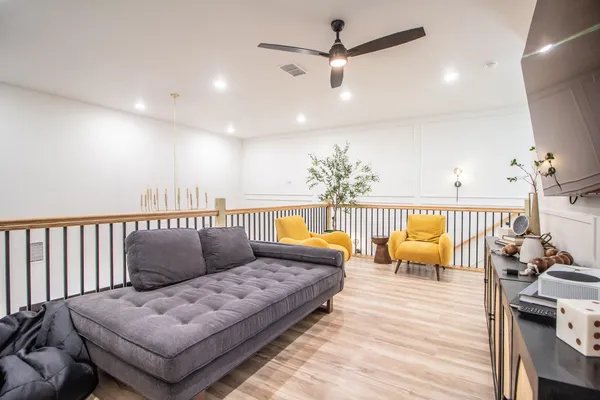 a bedroom with a bed and a large closet