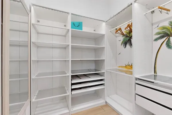 a view of walk in closet with empty racks
