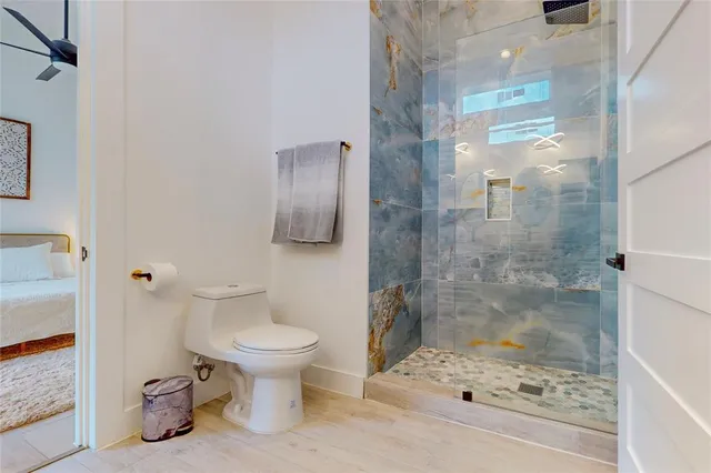a bathroom with a shower and toilet
