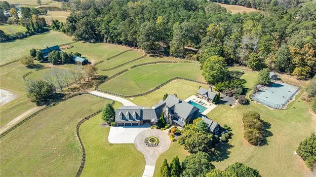 an aerial view of a swimming pool