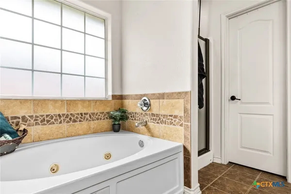 a bathroom with a bathtub and a shower