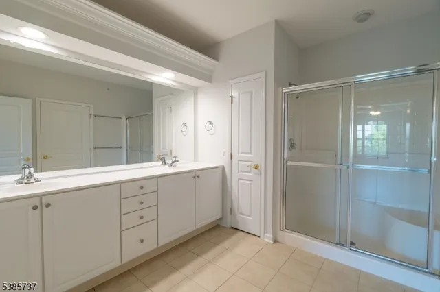 a spacious bathroom with a shower sink and mirror