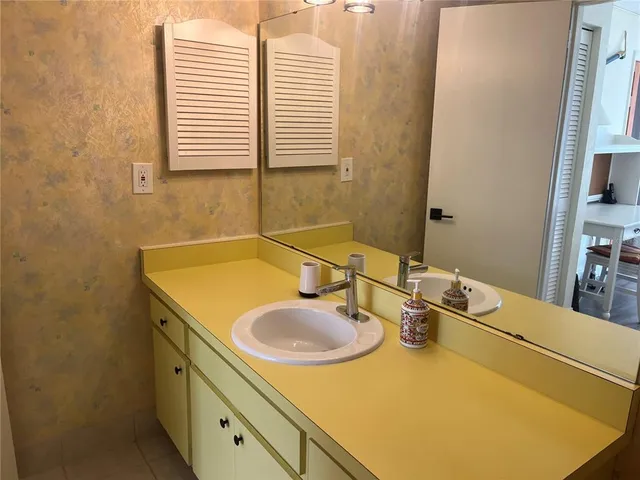 a bathroom with a sink and a mirror
