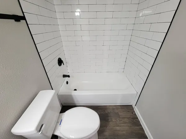 a bathroom with a toilet and a bathtub