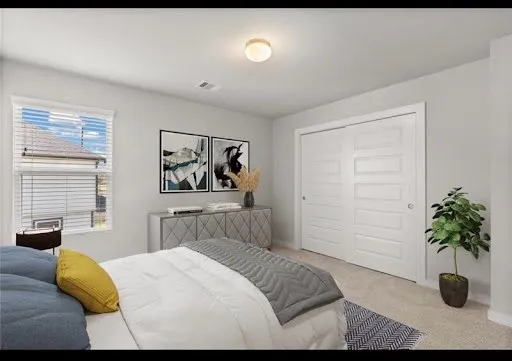 a bedroom with a bed a couch and potted plant