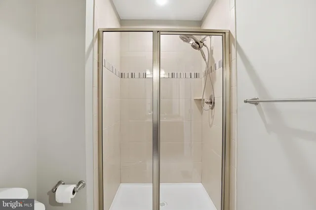 a bathroom with a shower and a toilet