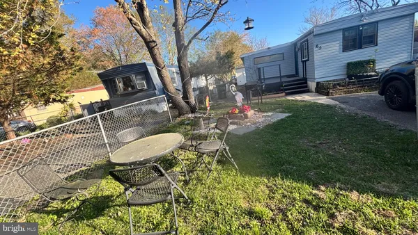 a backyard of a house with table and chairs