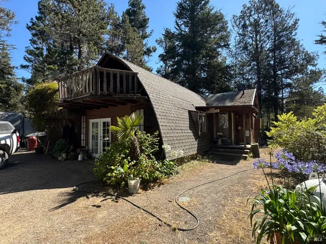 a view of a house with a small yard plants and a large tree