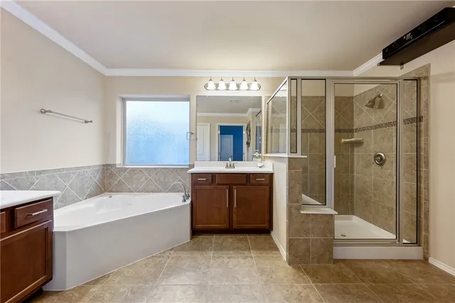 a bathroom with a tub a sink shower and mirror