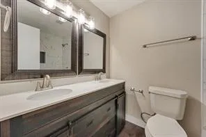 a bathroom with a sink a toilet a mirror and shower