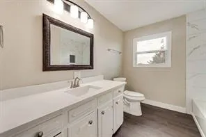 a bathroom with a toilet sink and mirror