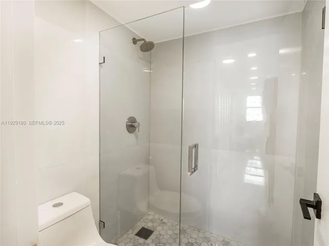 a bathroom with a shower and toilet