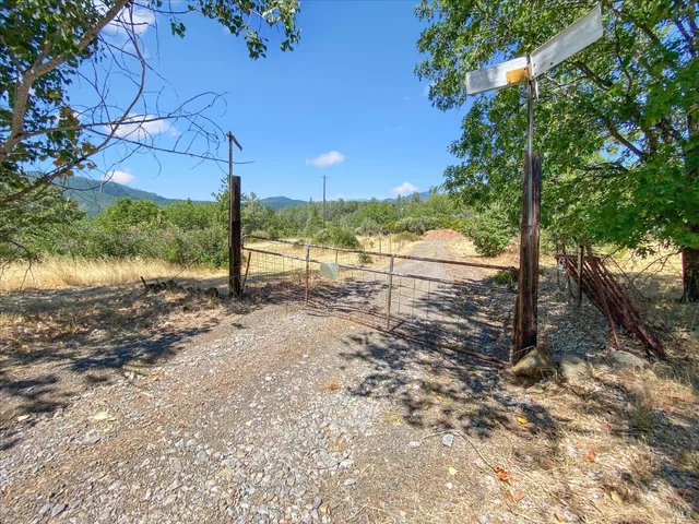 a view of a road next to a yard