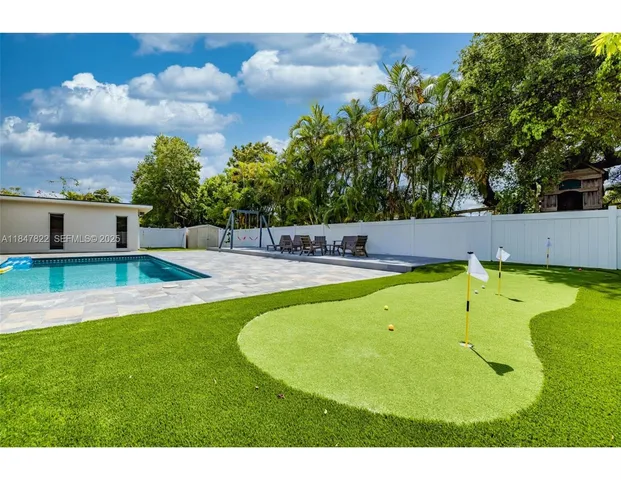 a view of a swimming pool with a yard