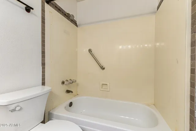 a bathroom with a bathtub and a toilet