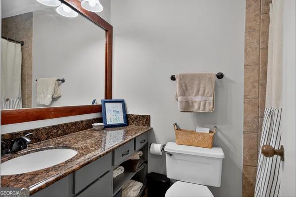 a bathroom with a granite countertop toilet sink and mirror