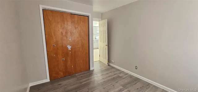 an empty room with wooden floor and closet area