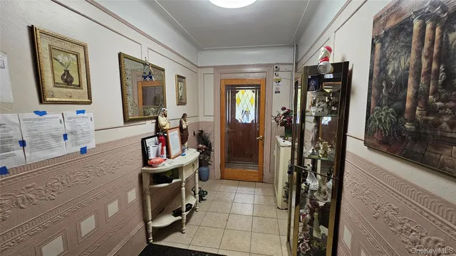 a view of a hallway with a workspace