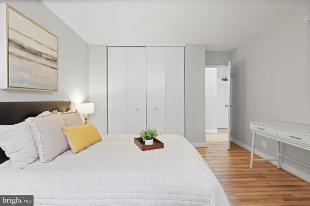 a bedroom with a bed and walk in closet