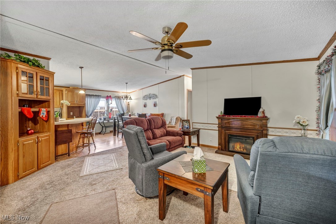 27202 Cook Road, Unit 95 Olmsted Falls, OH 44138 - Photo 8 of 46 Living area with ornamental molding, a glass covered fireplace, a textured ceiling, light carpet, and ceiling fan