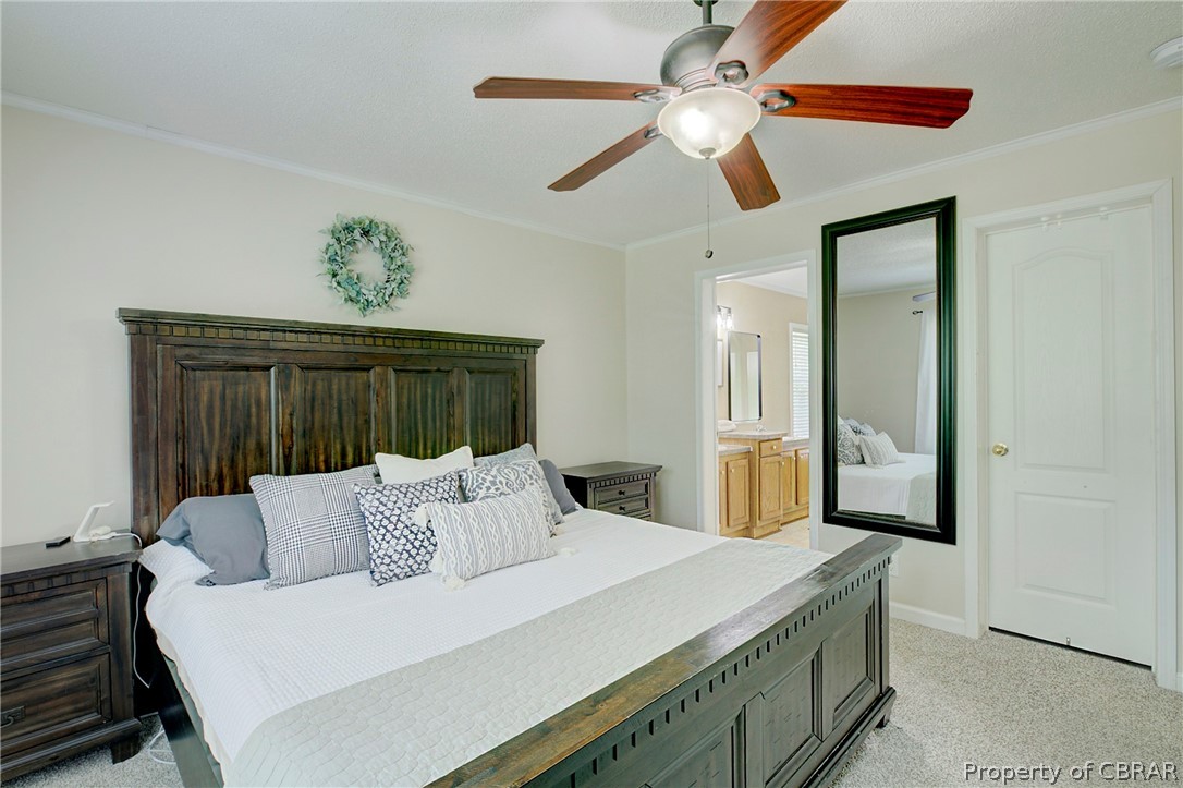 3246 Island Road Gloucester, VA 23061 - Photo 16 of 25 Bedroom featuring ensuite bath, light colored carpet, crown molding, and ceiling fan