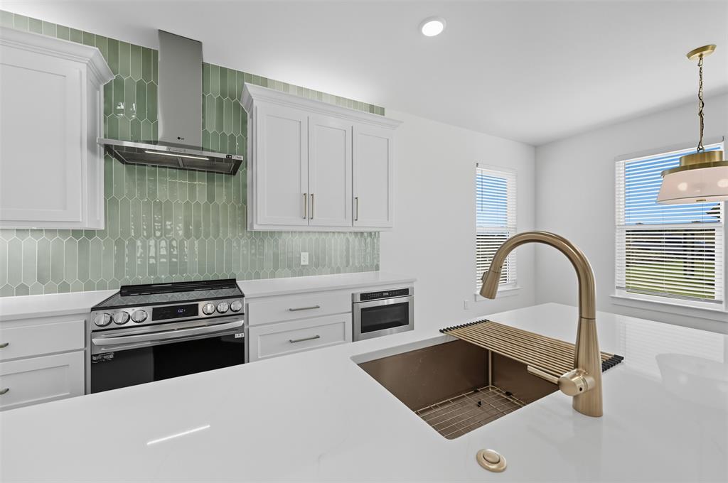 100 Cardinal Wds Granbury, TX 76049 - Photo 7 of 36 Kitchen with white cabinets, wall chimney exhaust hood, appliances with stainless steel finishes, tasteful backsplash, and recessed lighting