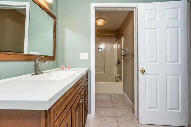 a bathroom with a sink a mirror and a shower