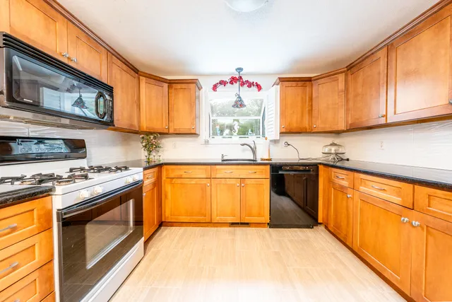 a kitchen with stainless steel appliances granite countertop a stove a sink and a microwave