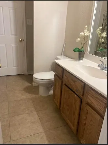 a bathroom with a sink a toilet and mirror