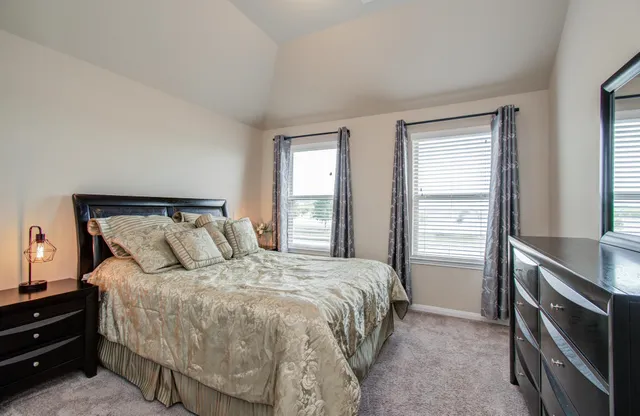 a bedroom with a bed and two windows