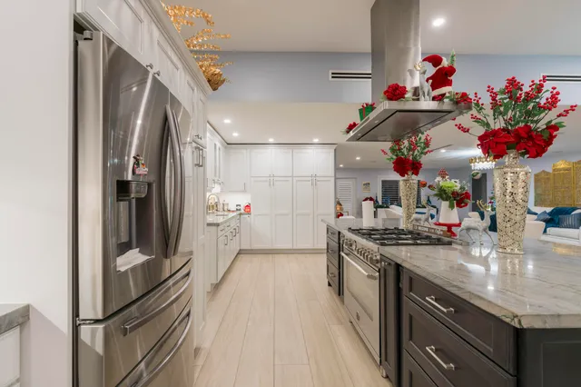 a view of a lake with a sitting area