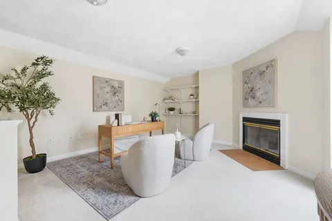 a living room with furniture a potted plant and a fireplace