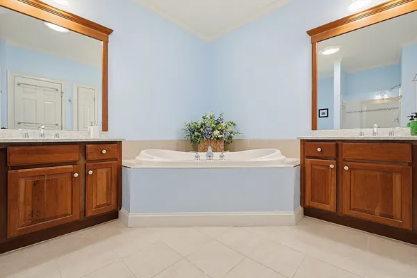 a bathroom with a bathtub sink and mirror