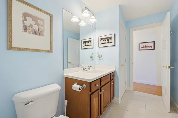 a bathroom with a sink a toilet and a mirror