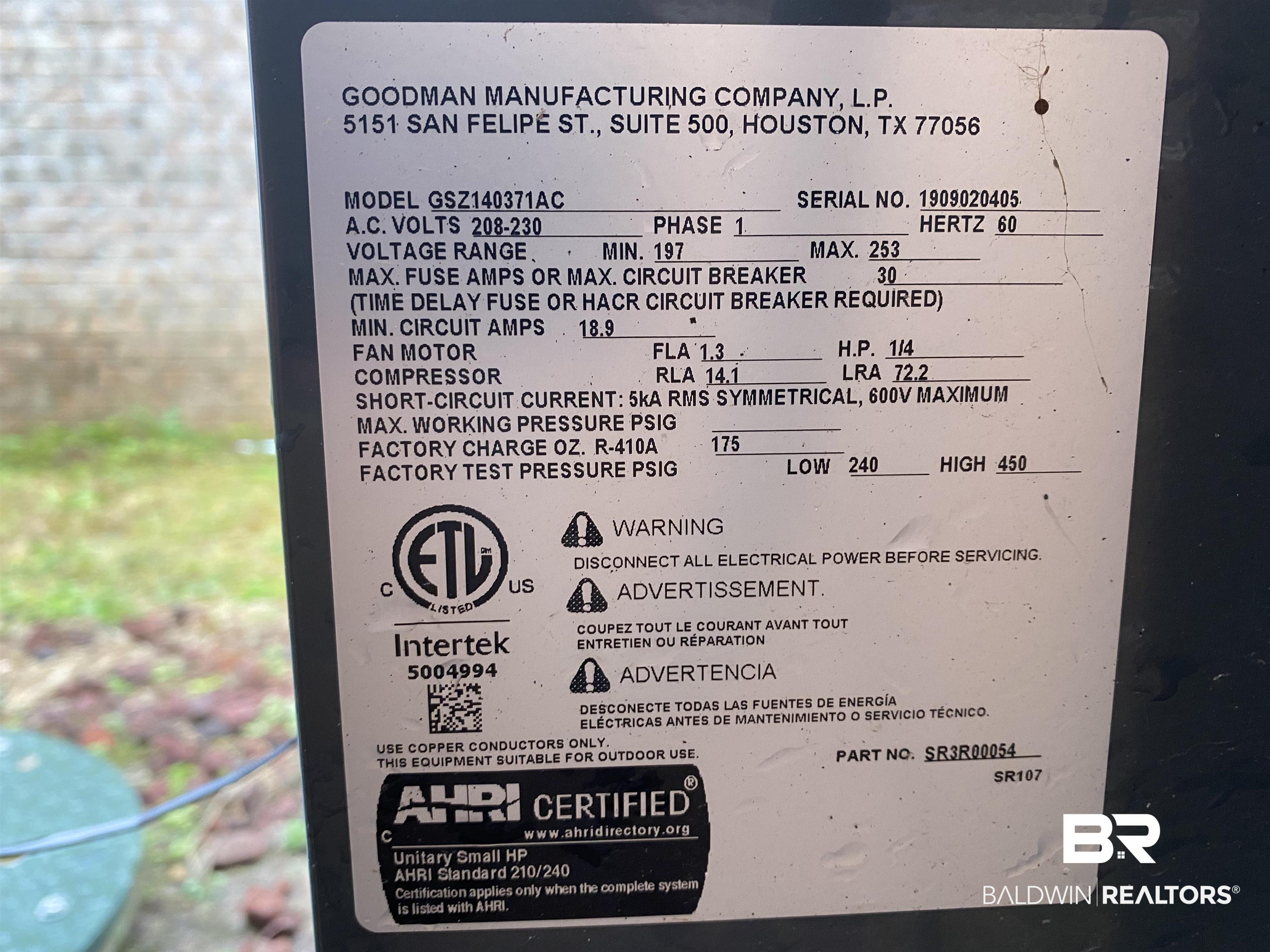 7742 Avery Lane Daphne, AL 36526 - Photo 7 of 41 Outside A/C Nomenclature plate