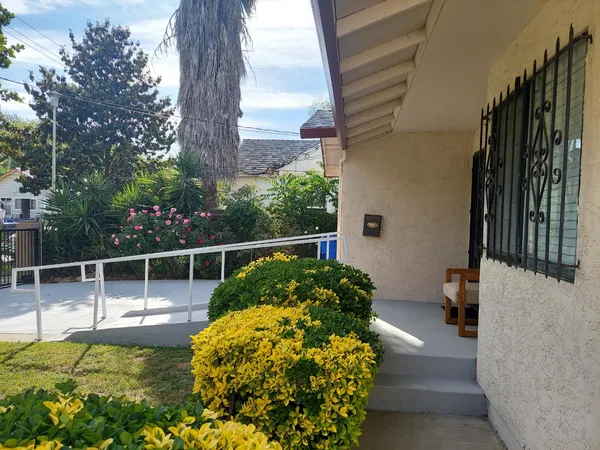 a view of a garden with a outdoor space